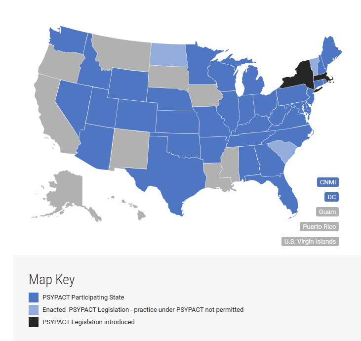 PSYPACT states are those U.S. states, districts, and territories that have joined an interstate compact for interjurisdictional professional practice.